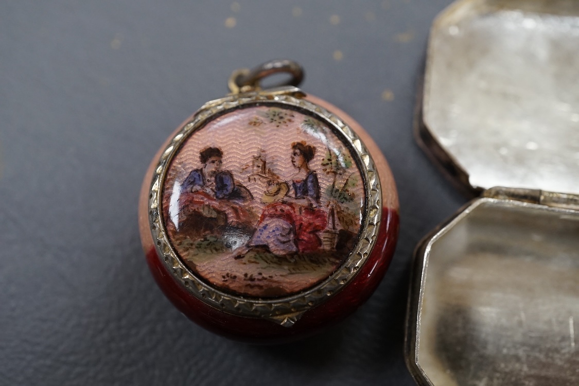 A 19th century Viennese gilt white metal and enamel circular vinaigrette, makers mark J.i.G, diameter 29mm, together with two late 19th century silver mounted senet bottles, a white metal and enamel pill box, a propellin